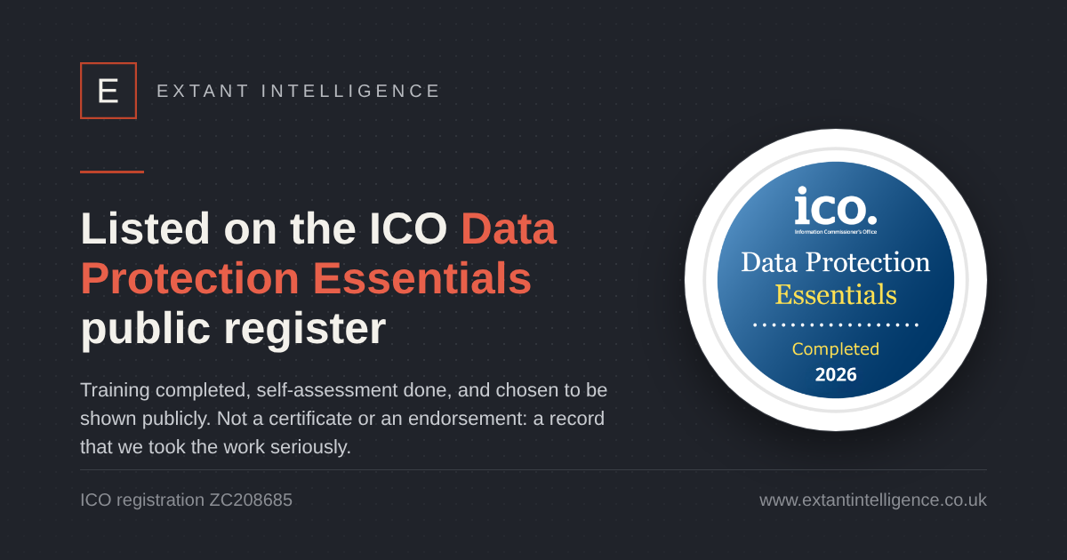 Extant Intelligence listed on the ICO Data Protection Essentials public register, 2026